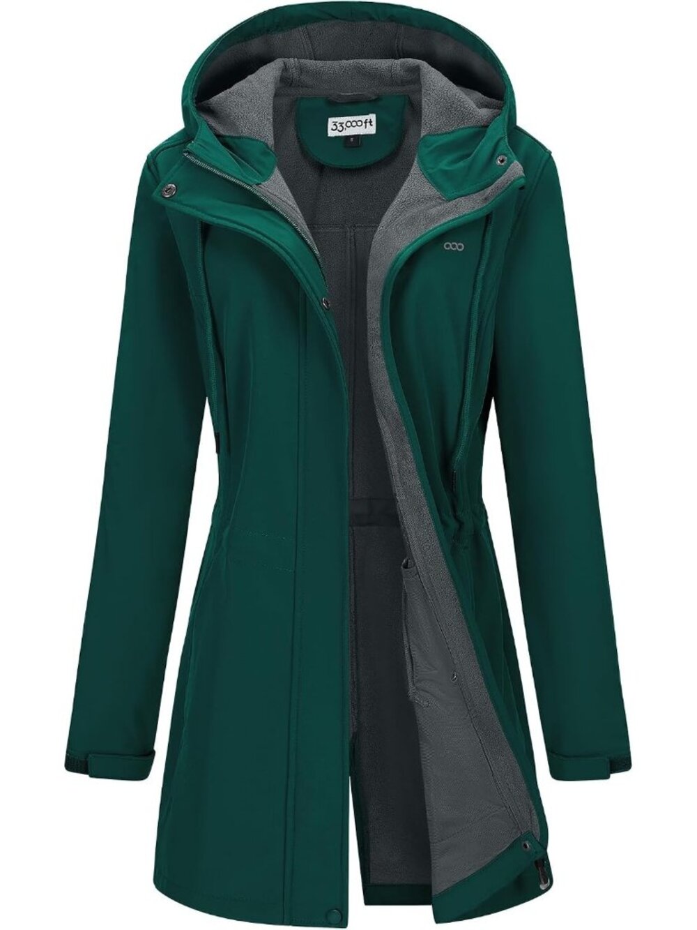 Women Deep Green Fleece Lined Waterproof Zip Up Softshell Long Trench Parka Coat